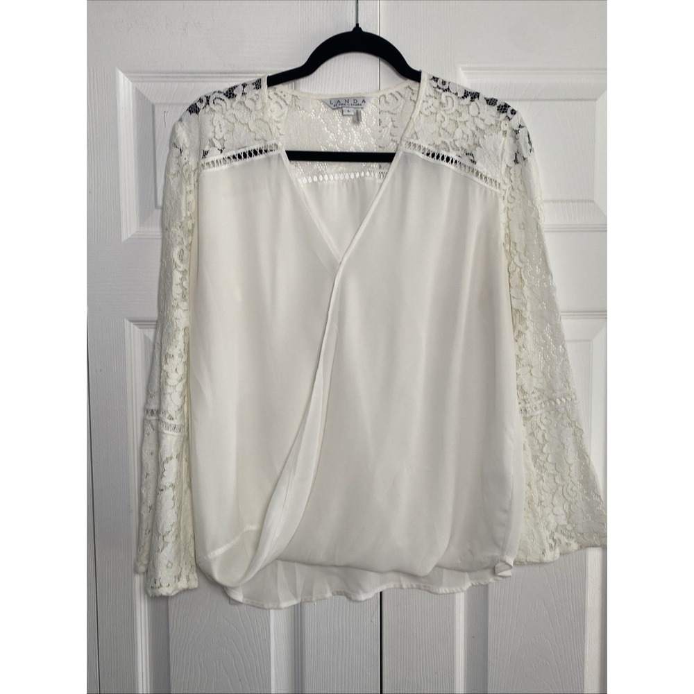 Landa Dora Landa Womens Large Ivory Faux Wrap Top Long Sleeve Lace Etherial